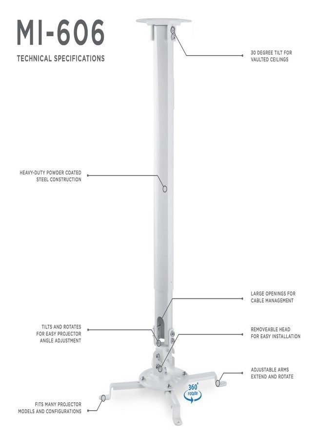 Mount-IT! Projector Ceiling Mount [30 lbs Capacity] Universal Bracket | 360 Full Motion with Tilt and Swivel Rotate | Adjustable Pole Height from 21-34.5 Inches, Extendable Arms (White | Long) - Image 4
